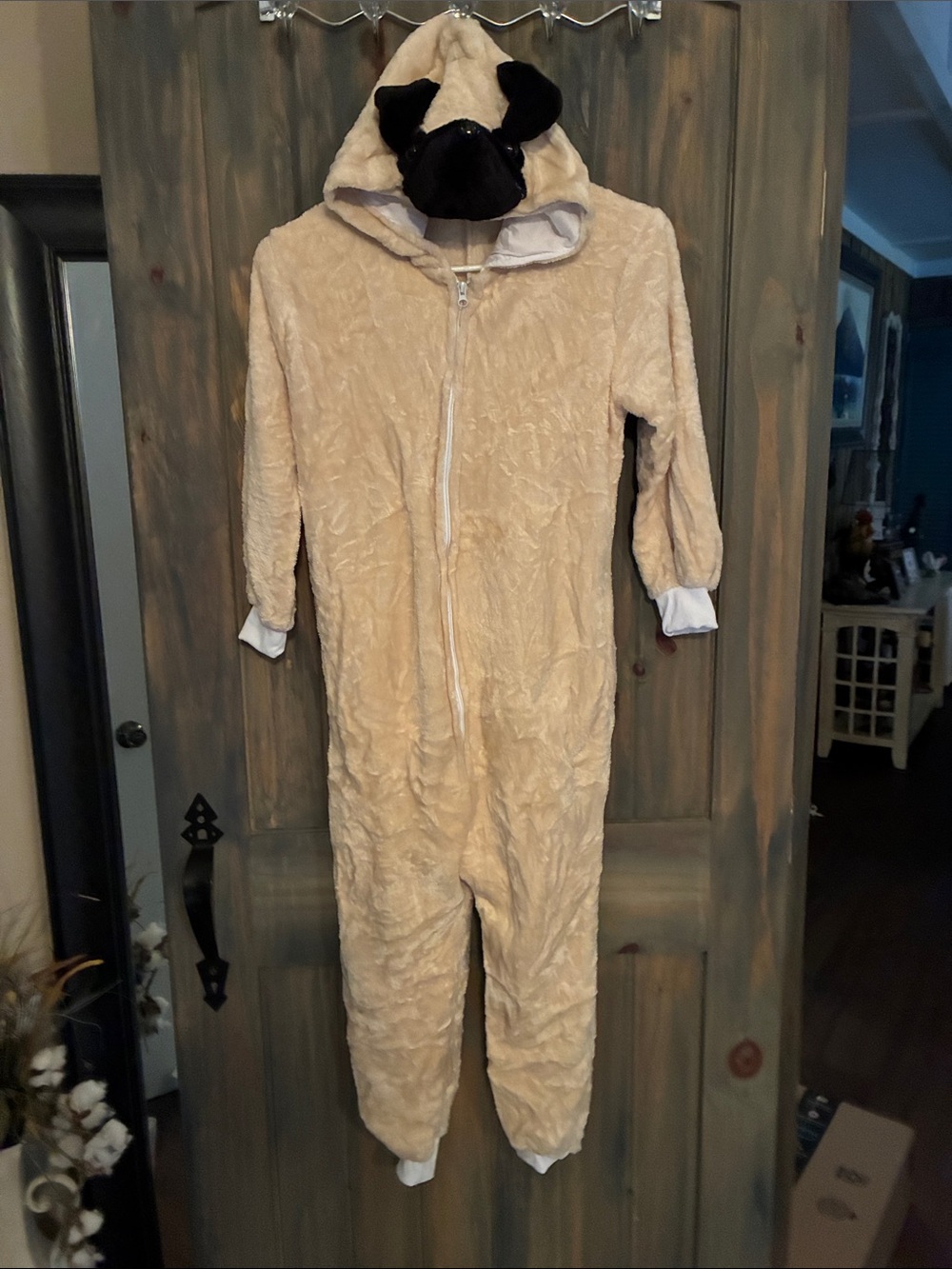 Plush Pug Hooded One-Piece Kids Pajamas - Cream